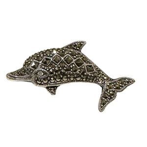 Sterling Silver Marcasite Dolphin Brooch Pin 1 7/8 Inch